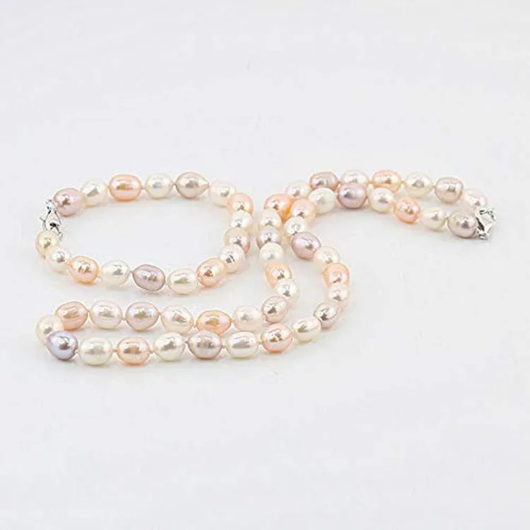 8-9mm AA Grade Multi Coloured Pearl Necklace, Bracelet and Earrings Set. Womens Jewellery Set