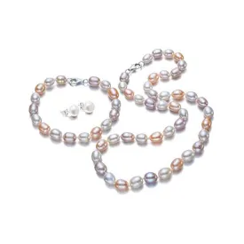 8-9mm AA Grade Multi Coloured Pearl Necklace, Bracelet and Earrings Set. Womens Jewellery Set