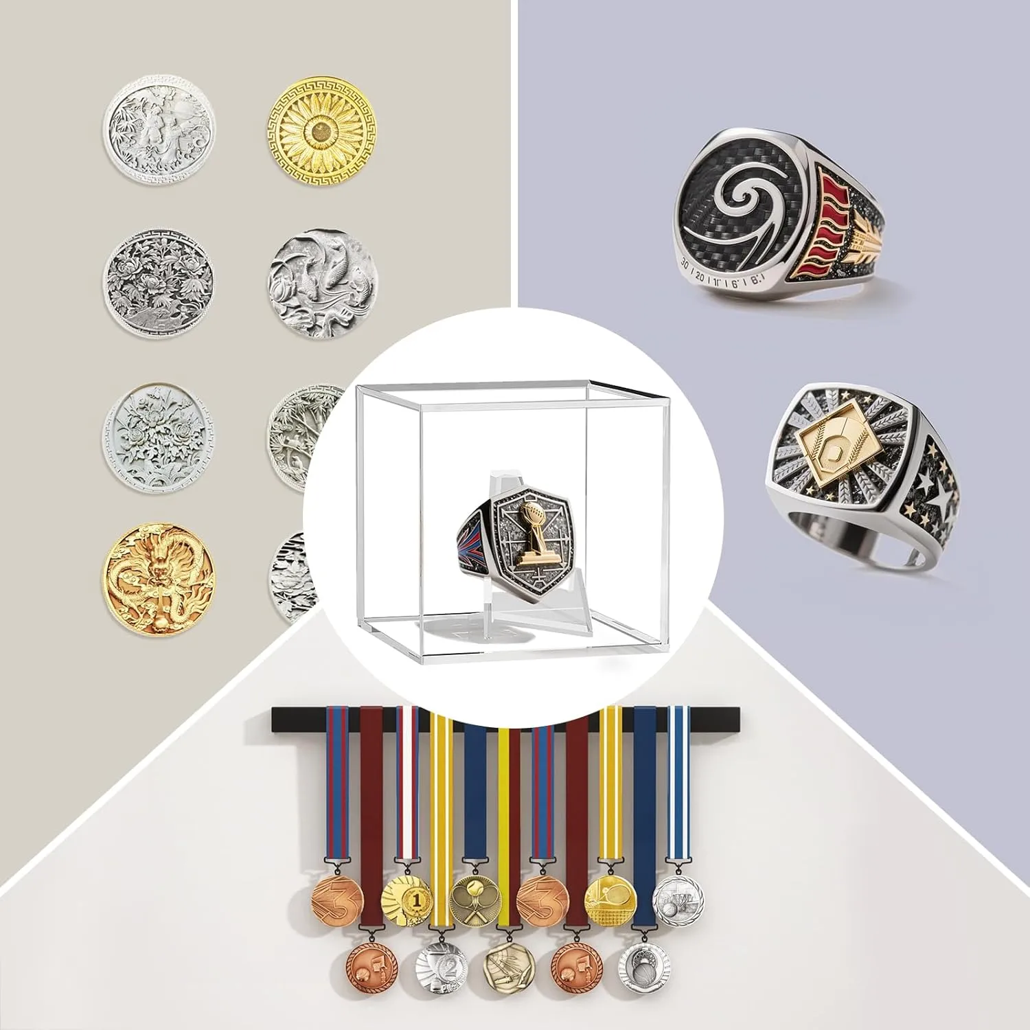 8 Pack Championship Ring Display Case with Stand, 2.5" Square Clear Acrylic Holder for Sports Rings, Memorabilia Showcase for Championship Ring
