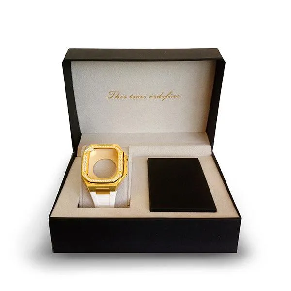 Apple watch Series 7/6 41/40 MM Luxury Gold Watch Case White Strap-5VZV