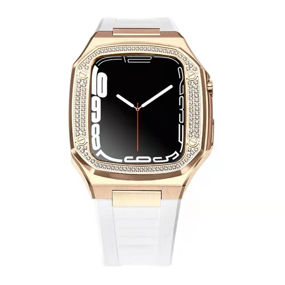 Apple watch Series 7/6 41/40 MM Luxury Gold Watch Case White Strap-5VZV