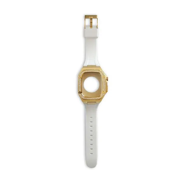 Apple watch Series 7/6 41/40 MM Luxury Gold Watch Case White Strap-5VZV