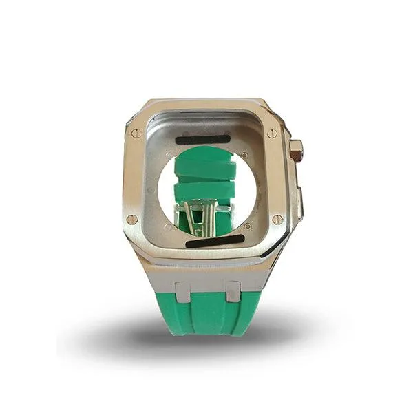 Apple watch Series 7/6 45/44 MM Luxury Silver Watch Case Green Strap-2QEH
