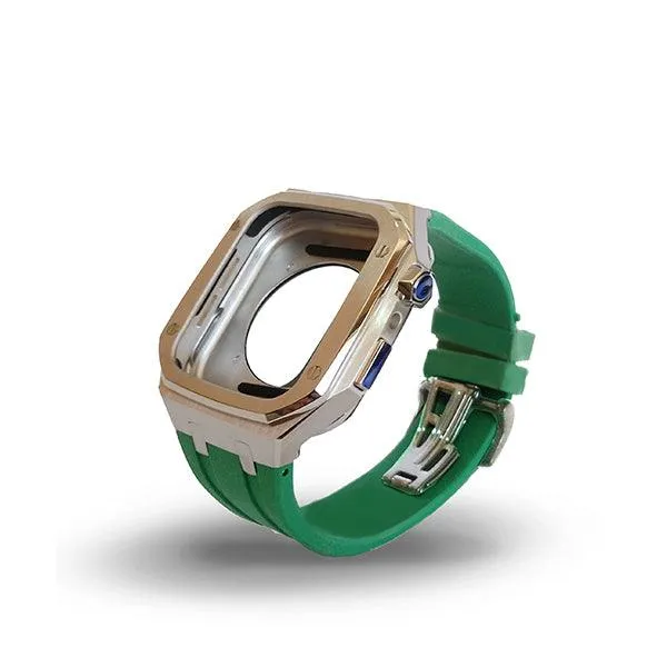 Apple watch Series 7/6 45/44 MM Luxury Silver Watch Case Green Strap-2QEH