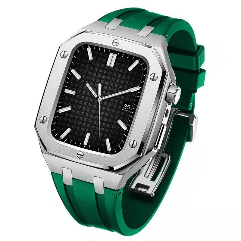 Apple watch Series 7/6 45/44 MM Luxury Silver Watch Case Green Strap-2QEH