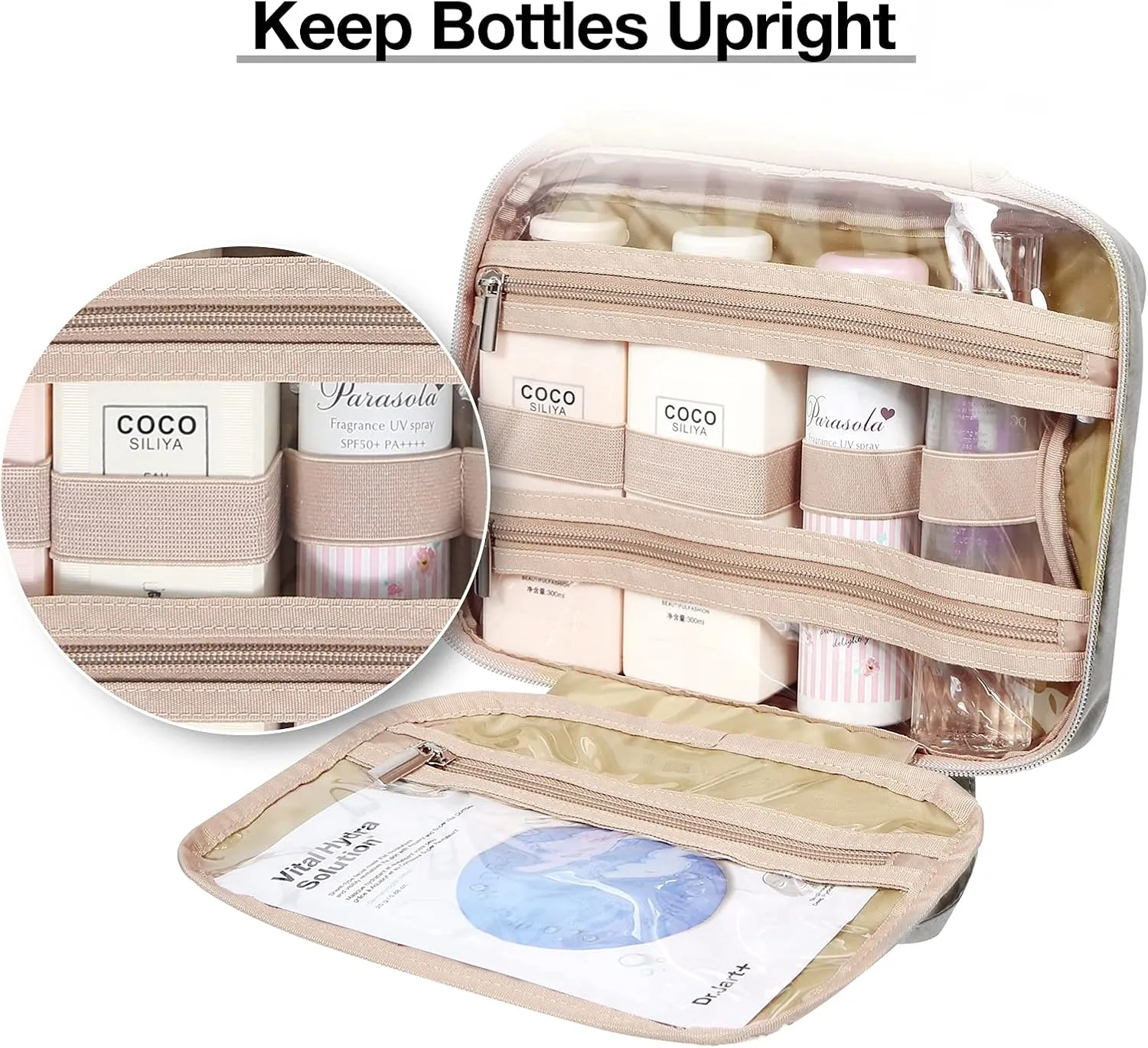 BAGSMART Toiletry Bag Hanging Travel Makeup Organizer with TSA Approved Transparent Cosmetic Bag Makeup Bag for Full Sized Toiletries, Large-Grey