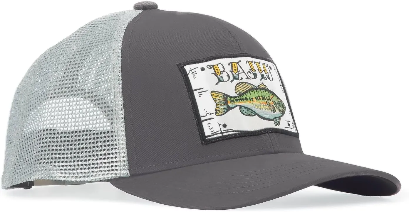 Bajo Flat Brim Fishing Hat  Marine Art Snapback Trucker Cap with Embroidered Ocean Design, Breathable and Coastal-Ready