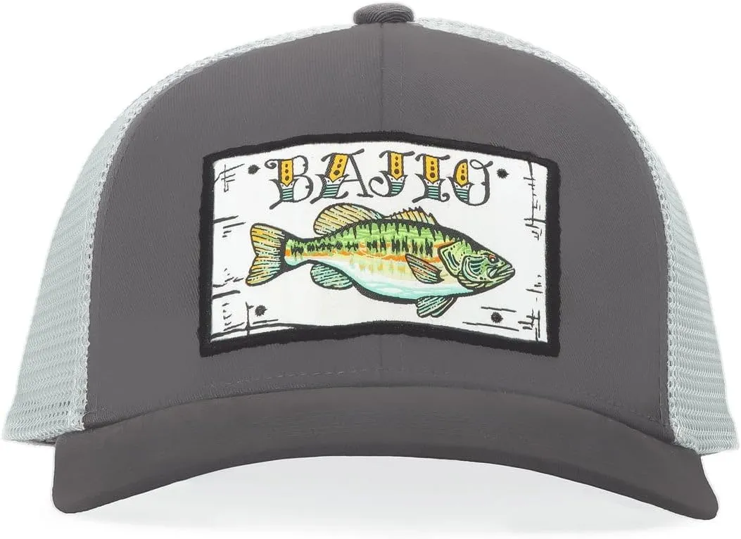 Bajo Flat Brim Fishing Hat  Marine Art Snapback Trucker Cap with Embroidered Ocean Design, Breathable and Coastal-Ready