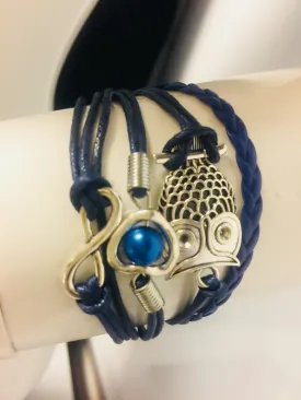 Brand new Trendy Women's Multi-Layered Friendship Leather Braided Bracelet.Navy Owl