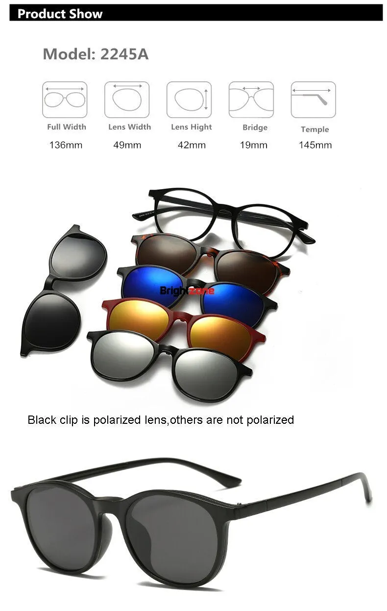 Brightzone Unisex Full Rim Round Tr 90 Titanium Eyeglasses Clip On Sunglasses 2201