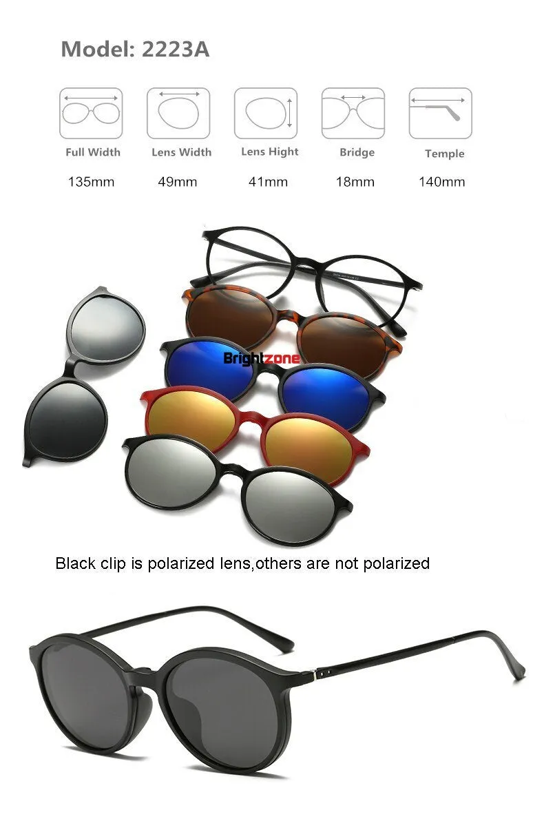 Brightzone Unisex Full Rim Round Tr 90 Titanium Eyeglasses Clip On Sunglasses 2201