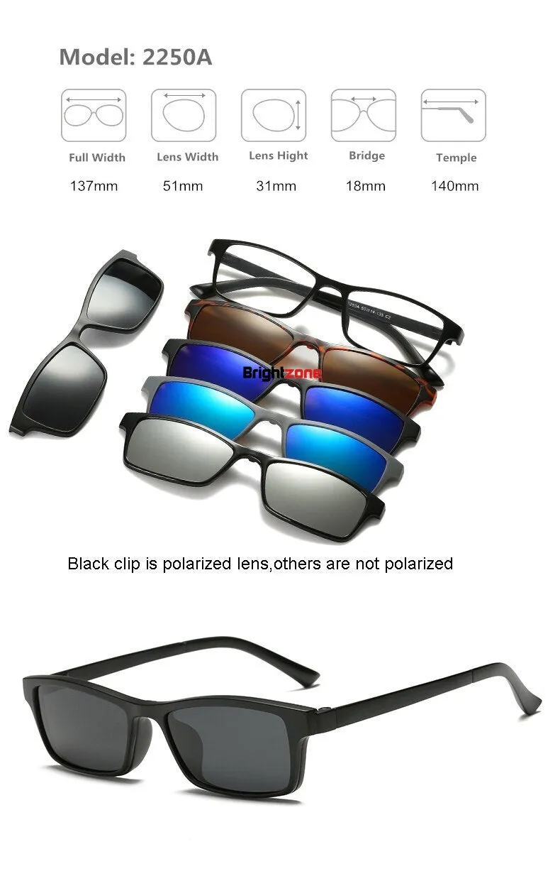 Brightzone Unisex Full Rim Round Tr 90 Titanium Eyeglasses Clip On Sunglasses 2201