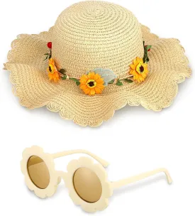Cindeer 2 Pcs Girls Straw Summer Hat with Round Flower Sunglasses Set for Kids Large Brim Cute Sunflower Beach Sun Hat(Beige)