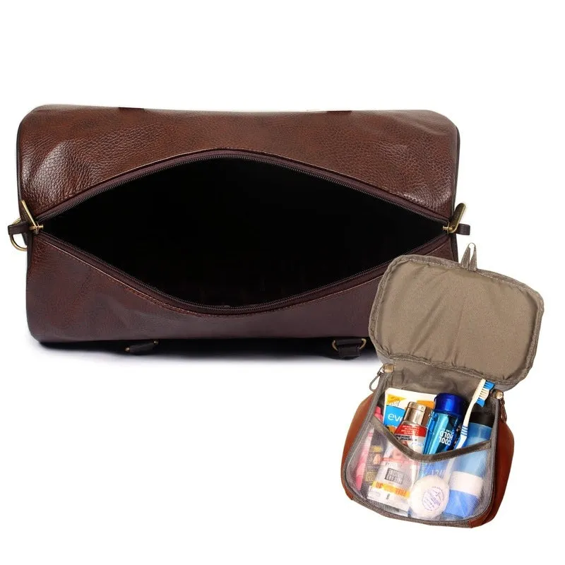 Combo: The Clownfish Magnum 34L Faux Leather Duffle Bag & Toiletry Kit | 2 Pieces | Chocolate Brown