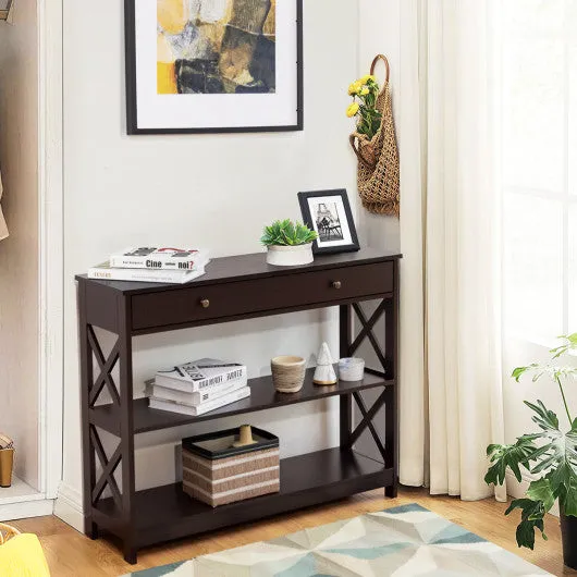 Console Table 3-Tier with Drawer and Storage Shelves-Espresso