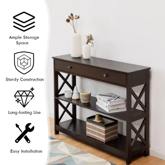 Console Table 3-Tier with Drawer and Storage Shelves-Espresso