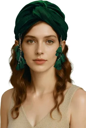 Coucoland Velvet Tassel Turban Wrap - Vintage Headwrap Hat for Women Soft Twist Knot Hair Cover with Removable Fringe