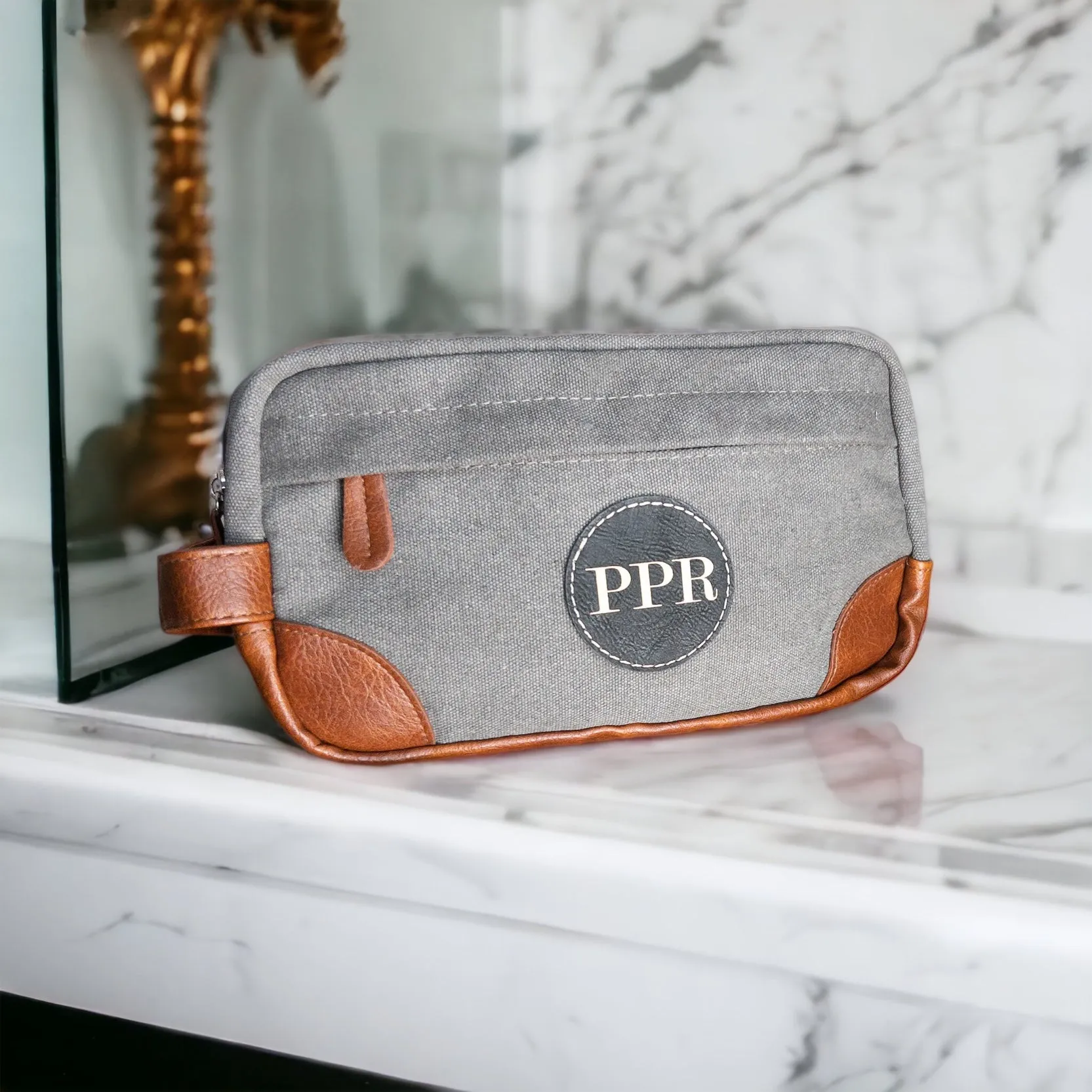 Customizable Toiletry Bag with Leather Patch - Durable, Water-Resistant & Spacious