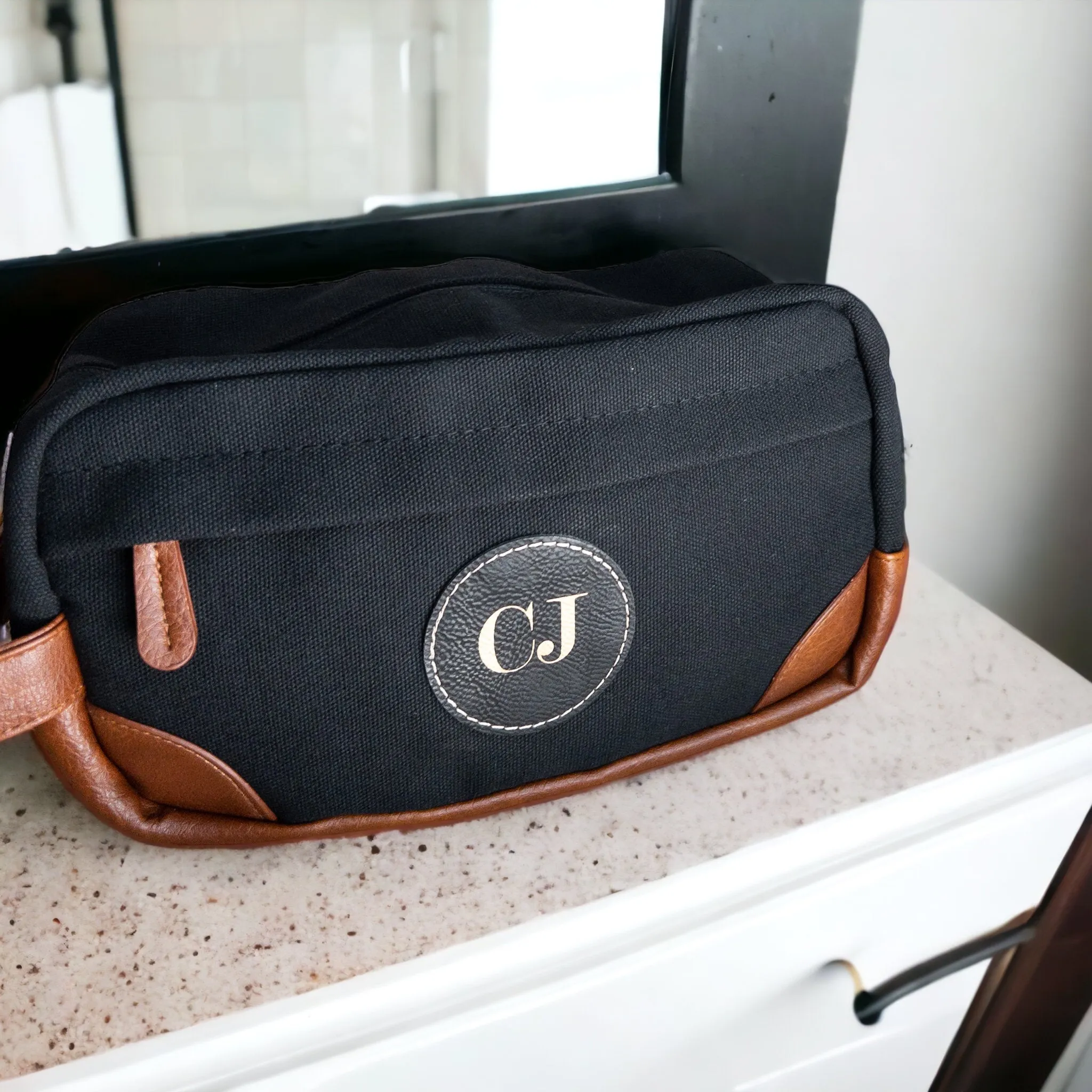Customizable Toiletry Bag with Leather Patch - Durable, Water-Resistant & Spacious