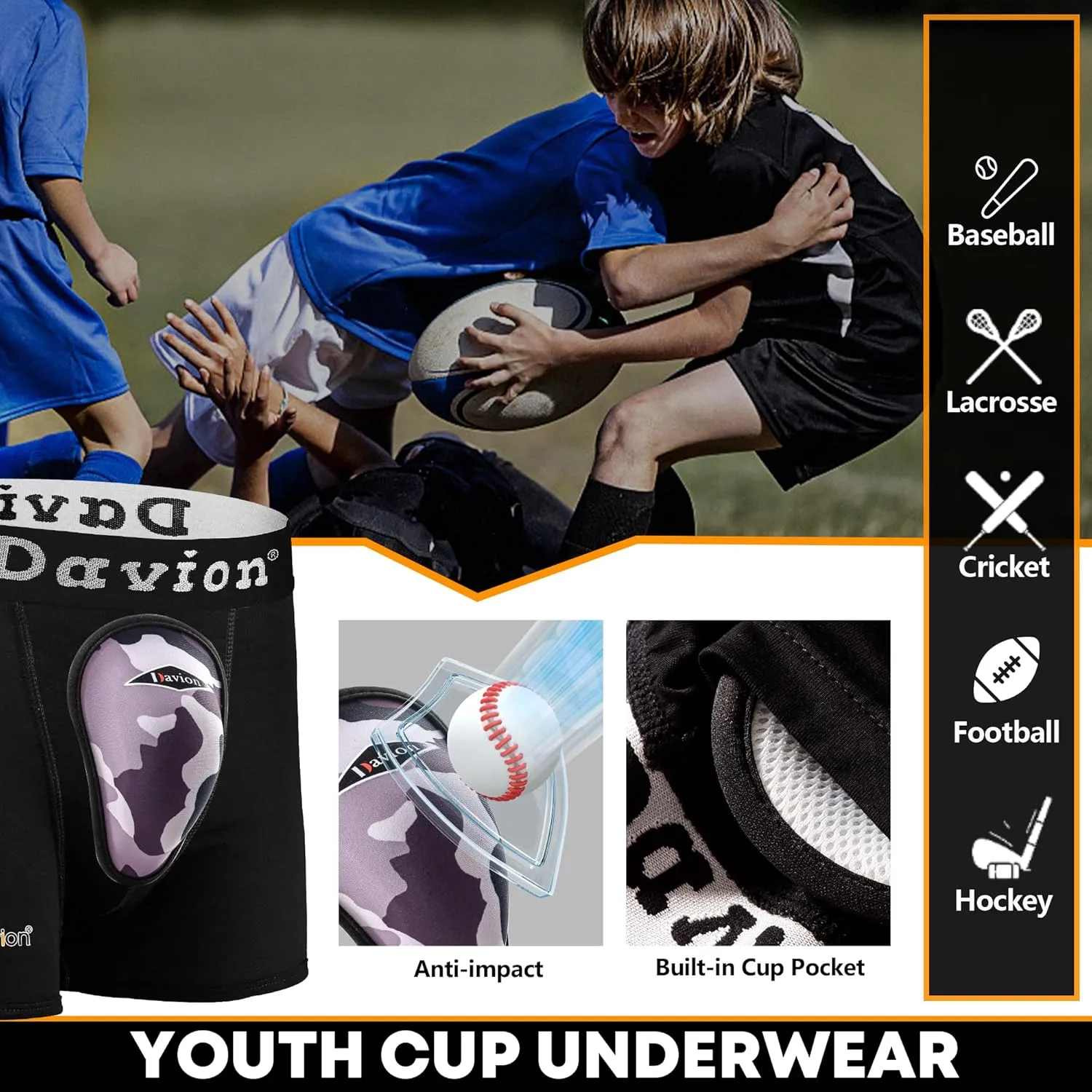 Davion 2-Pack Boys Underwear with 1 Soft Protective Athletic Cup Youth Briefs for Football, Baseball, Lacrosse