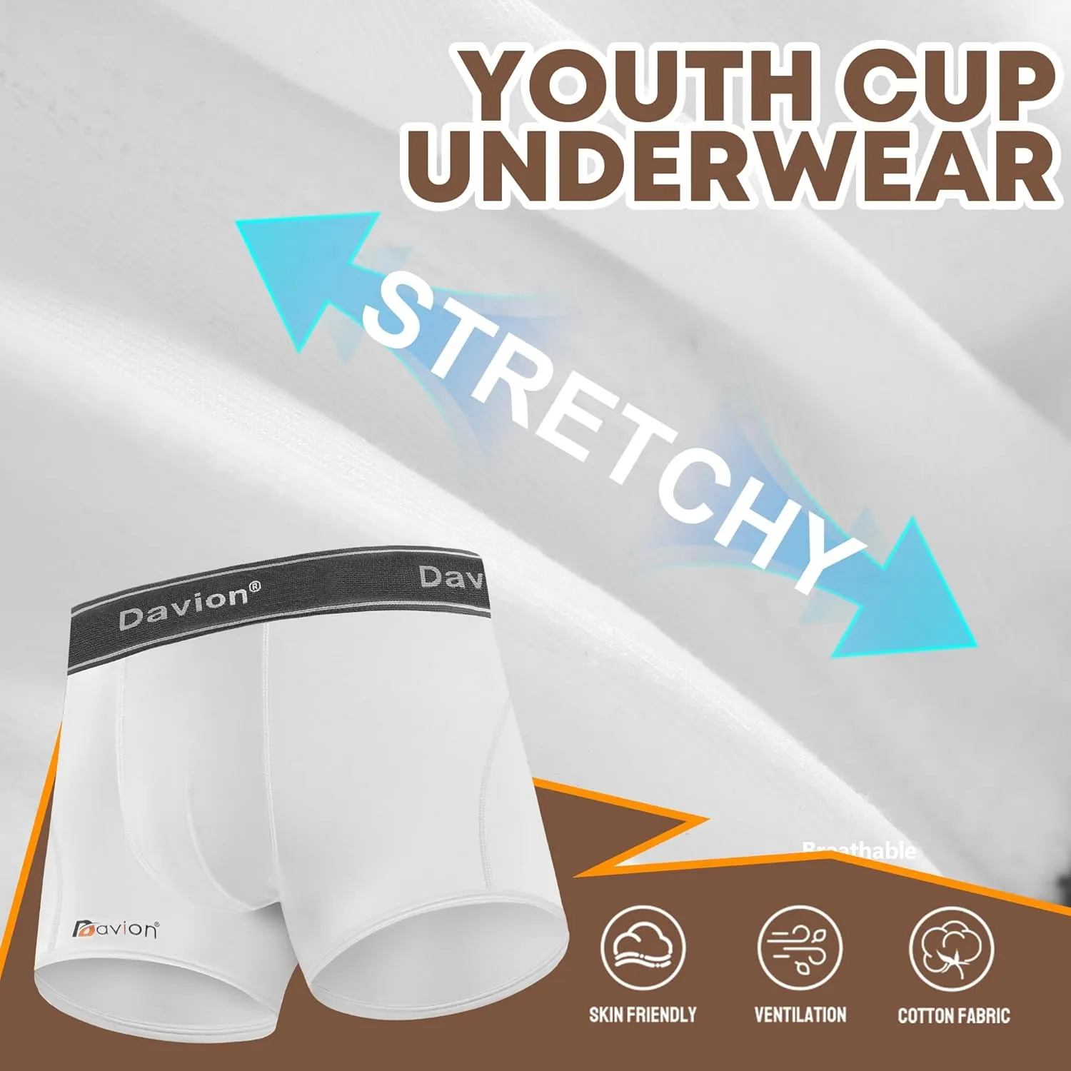 Davion 2-Pack Boys Underwear with 1 Soft Protective Athletic Cup Youth Briefs for Football, Baseball, Lacrosse