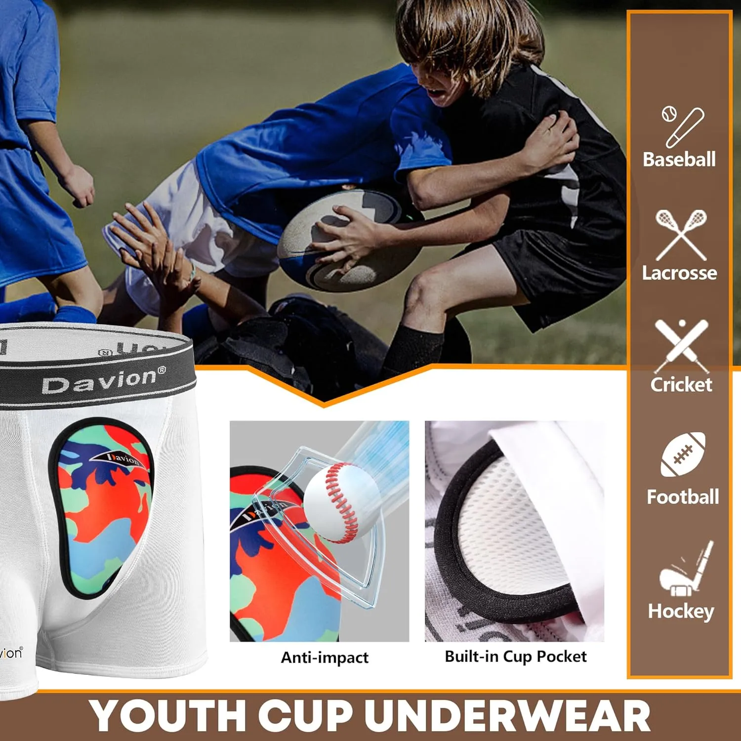 Davion 2-Pack Boys Underwear with 1 Soft Protective Athletic Cup Youth Briefs for Football, Baseball, Lacrosse