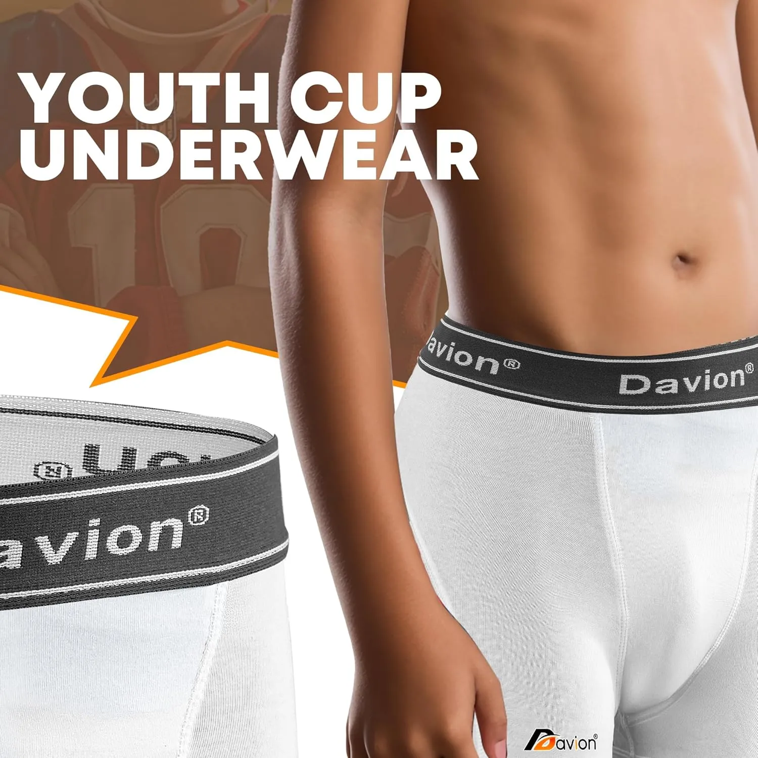 Davion 2-Pack Boys Underwear with 1 Soft Protective Athletic Cup Youth Briefs for Football, Baseball, Lacrosse