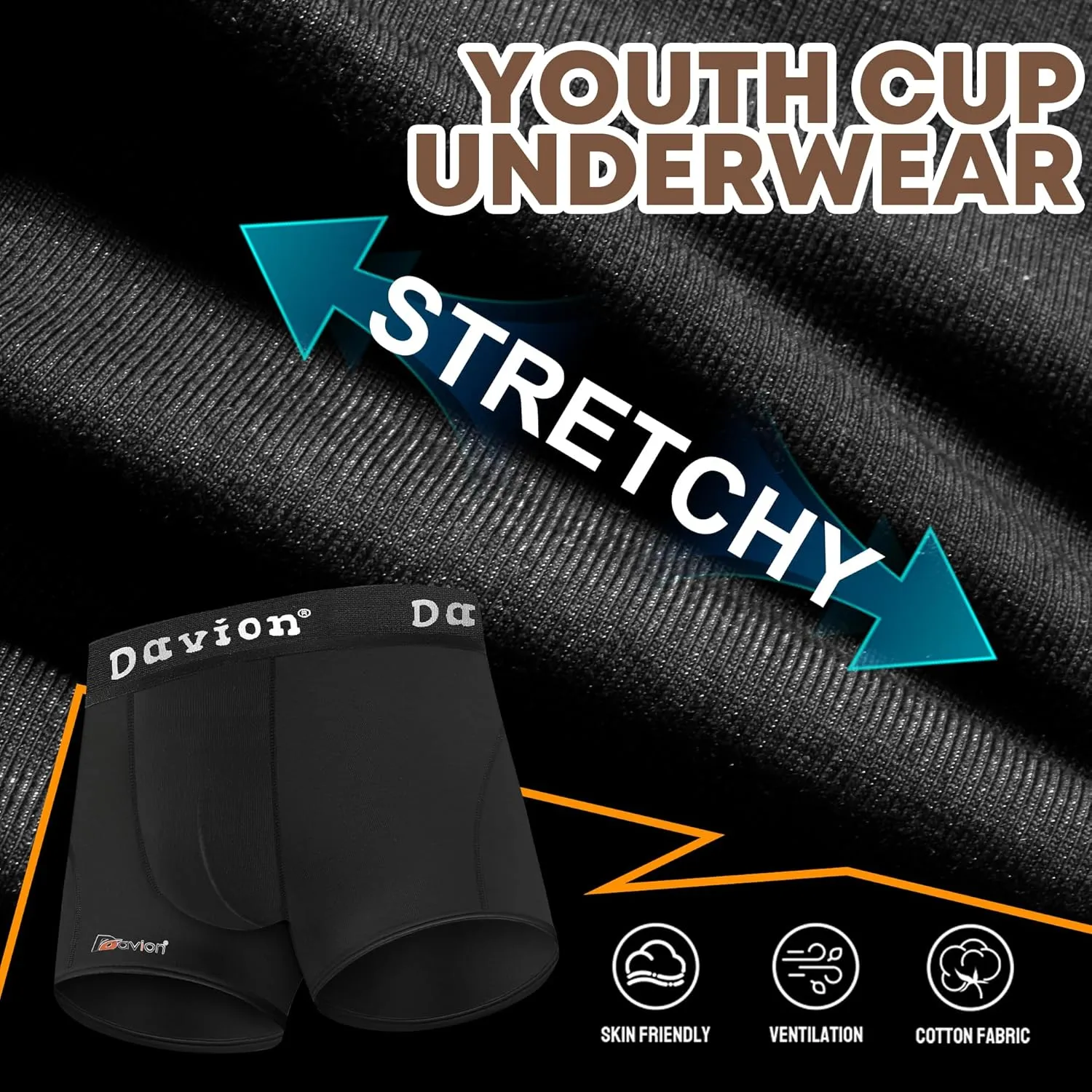 Davion 2-Pack Boys Underwear with 1 Soft Protective Athletic Cup Youth Briefs for Football, Baseball, Lacrosse