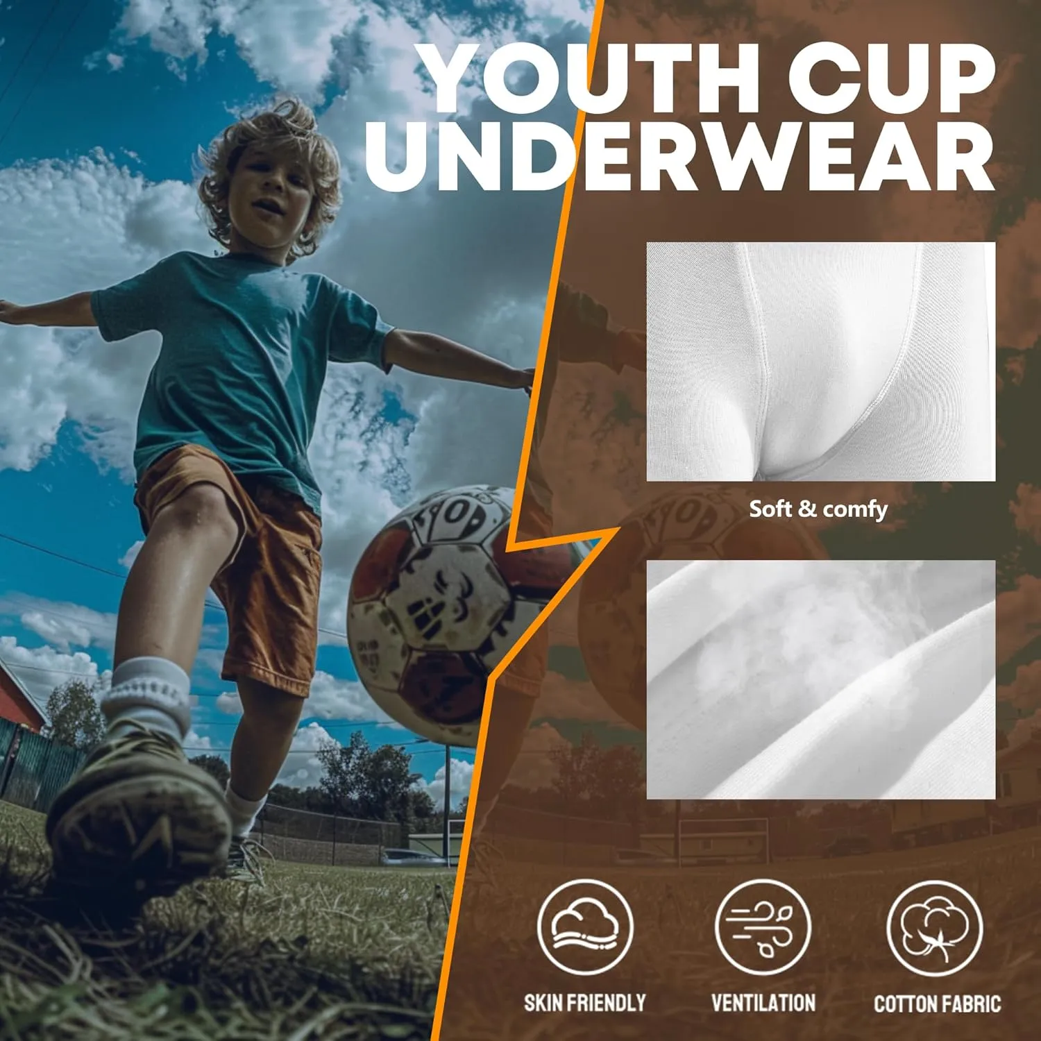 Davion 2-Pack Boys Underwear with 1 Soft Protective Athletic Cup Youth Briefs for Football, Baseball, Lacrosse