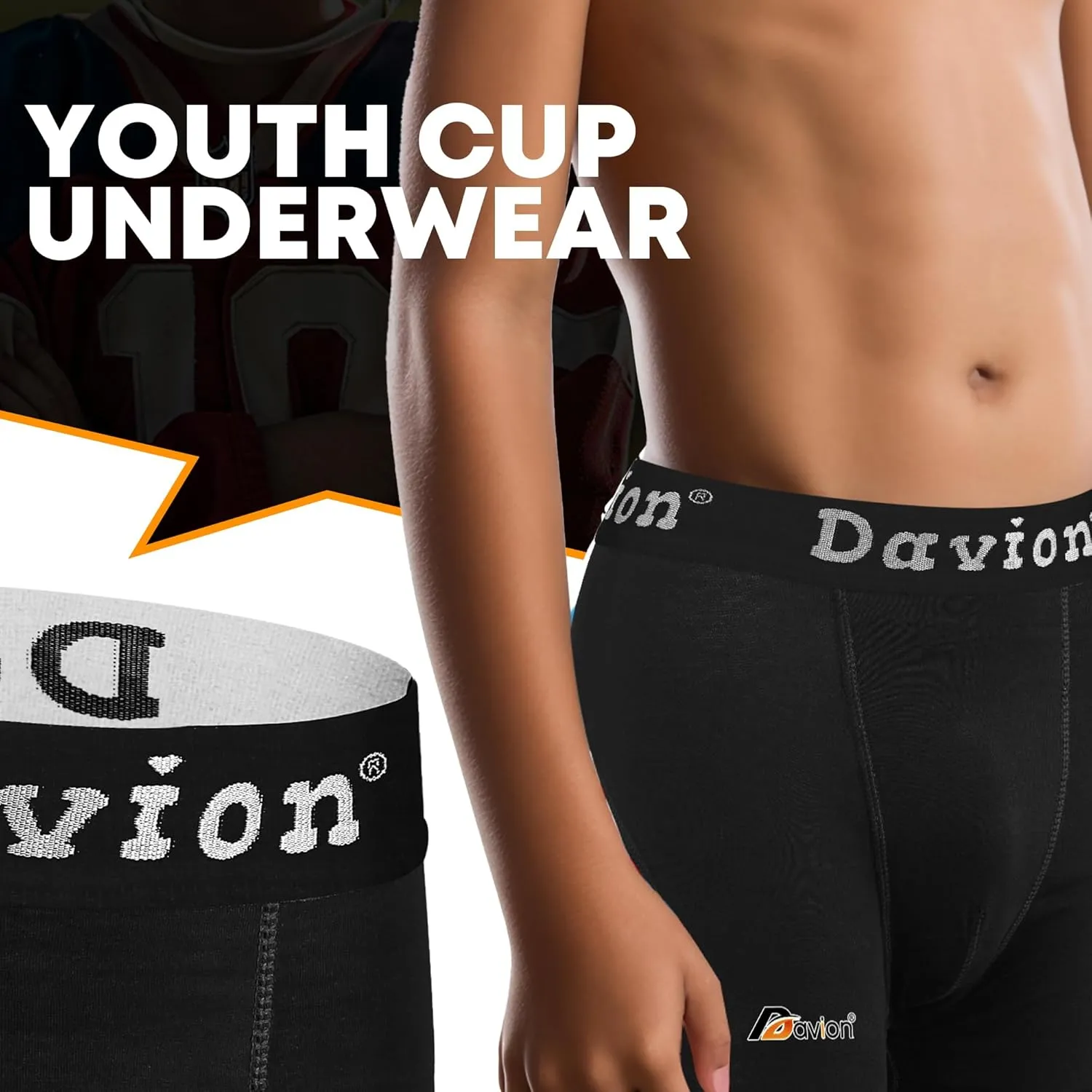 Davion 2-Pack Boys Underwear with 1 Soft Protective Athletic Cup Youth Briefs for Football, Baseball, Lacrosse