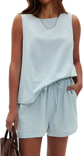 EXLURA Women's Summer 2 Piece Outfits Sleeveless Tank Top Matching Shorts Sets Cotton Striped Sweatsuits Vacation Beach 2025
