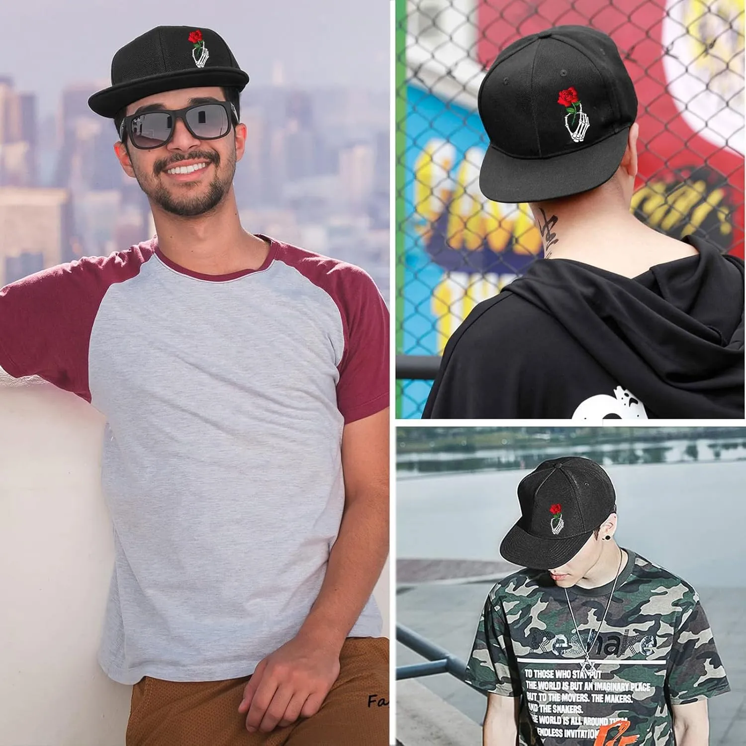 Flat Bill Hats for Men Snapback Hats Skull Skeleton Hat Flat Brim Fitted Hat Adjust Black Baseball Caps for Men