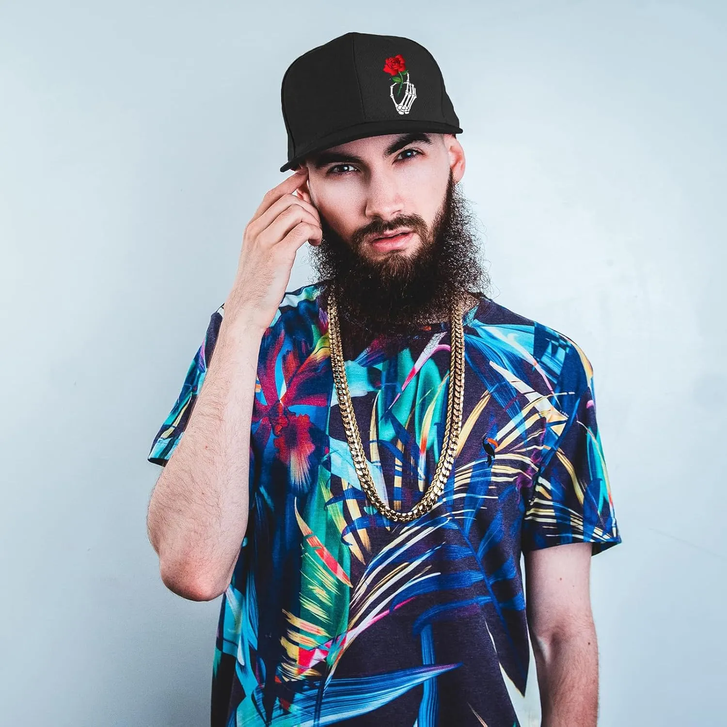 Flat Bill Hats for Men Snapback Hats Skull Skeleton Hat Flat Brim Fitted Hat Adjust Black Baseball Caps for Men