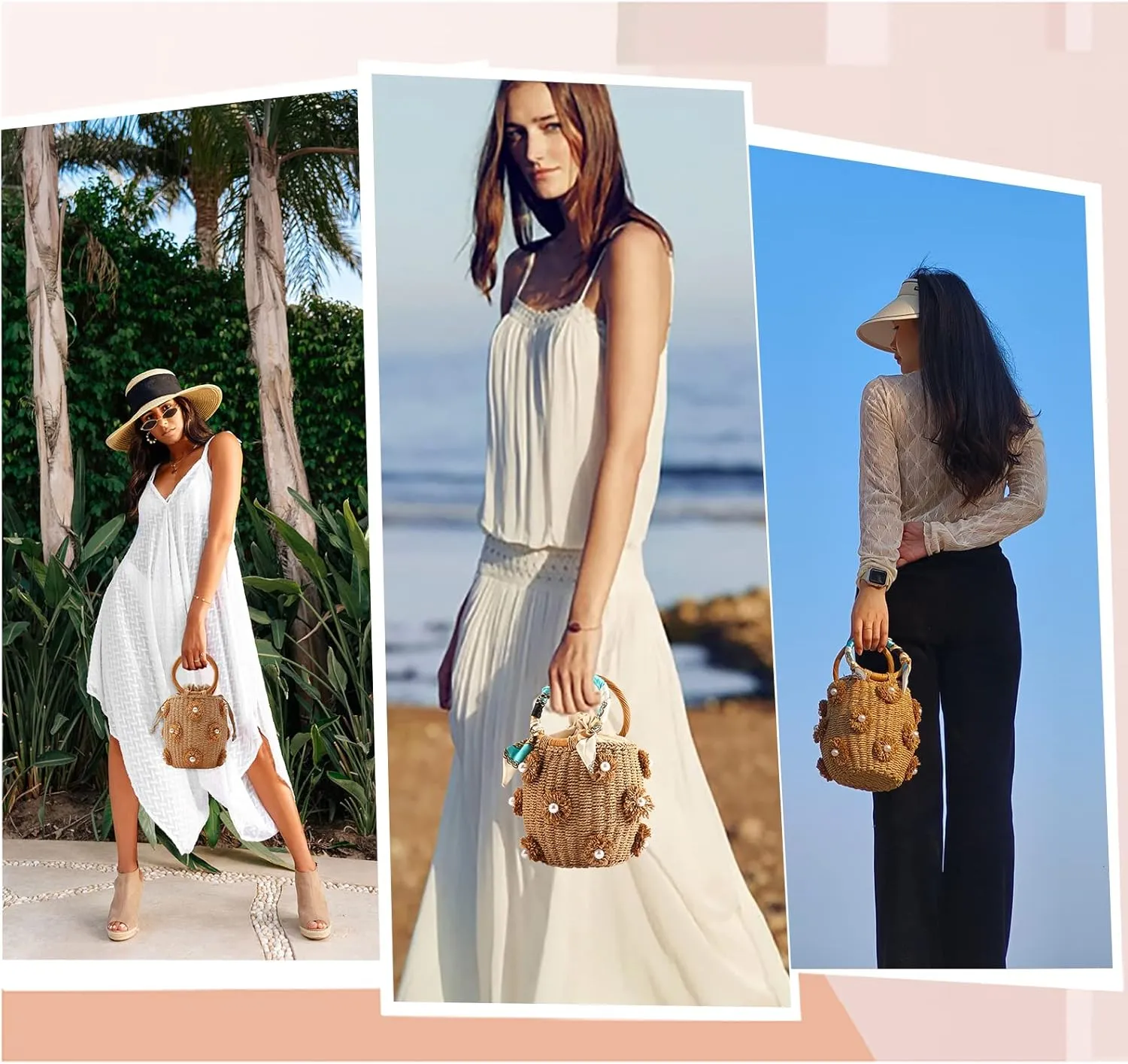 Flower Pearls Rattan Tote Bag Summer Beach Drawstring Straw Bucket Bag Diamonds Woven Handbag