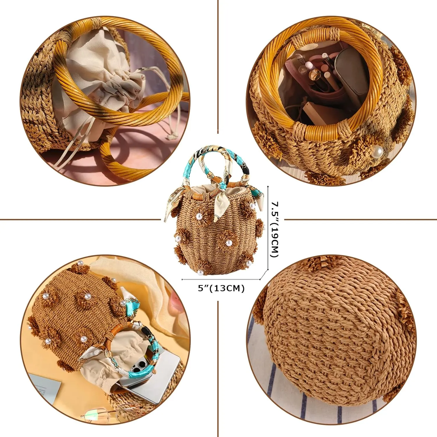 Flower Pearls Rattan Tote Bag Summer Beach Drawstring Straw Bucket Bag Diamonds Woven Handbag