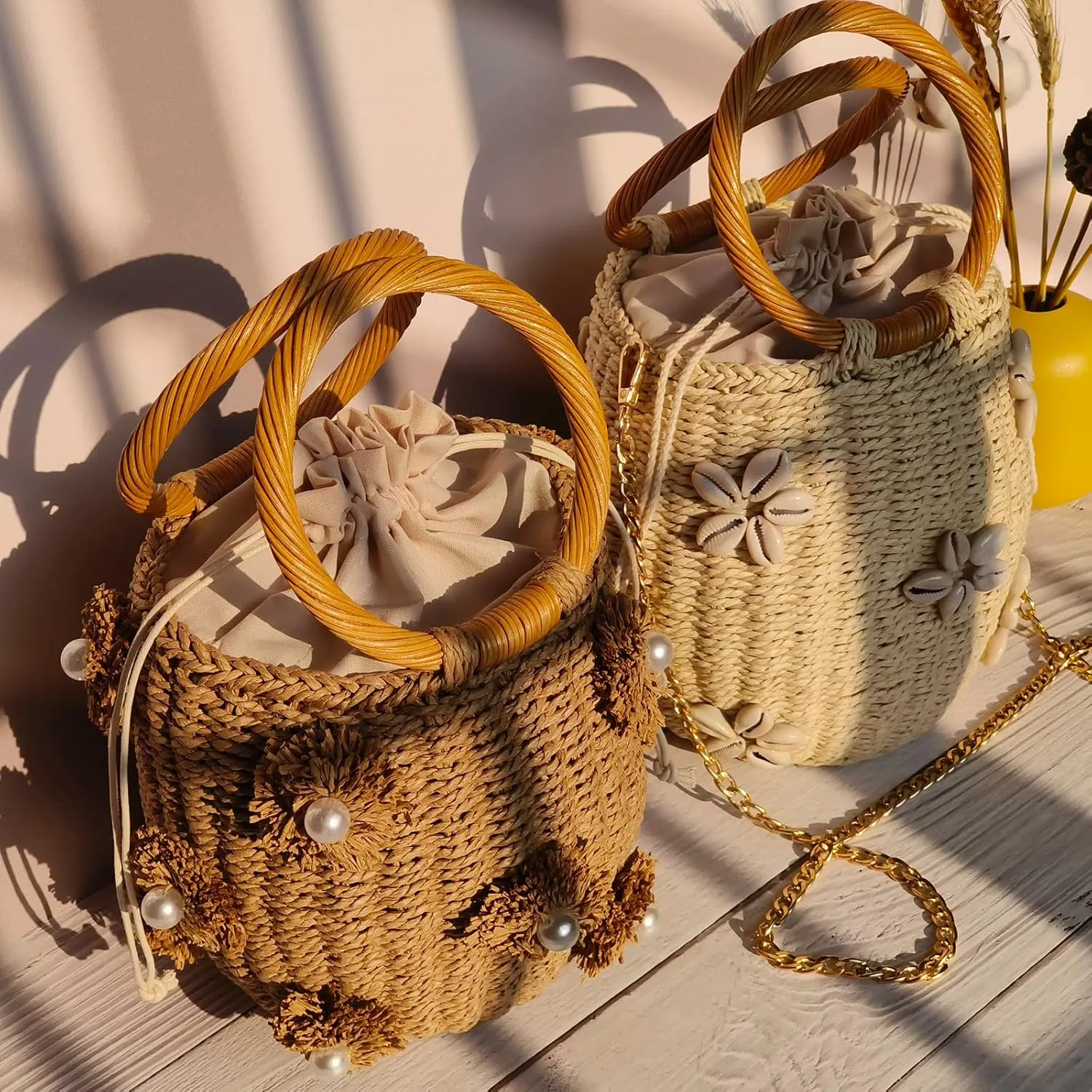 Flower Pearls Rattan Tote Bag Summer Beach Drawstring Straw Bucket Bag Diamonds Woven Handbag