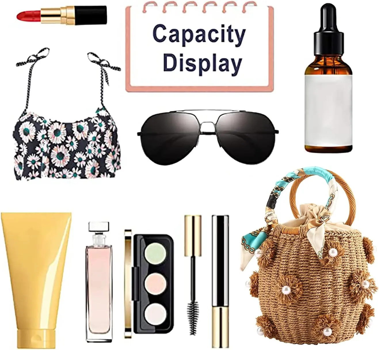 Flower Pearls Rattan Tote Bag Summer Beach Drawstring Straw Bucket Bag Diamonds Woven Handbag