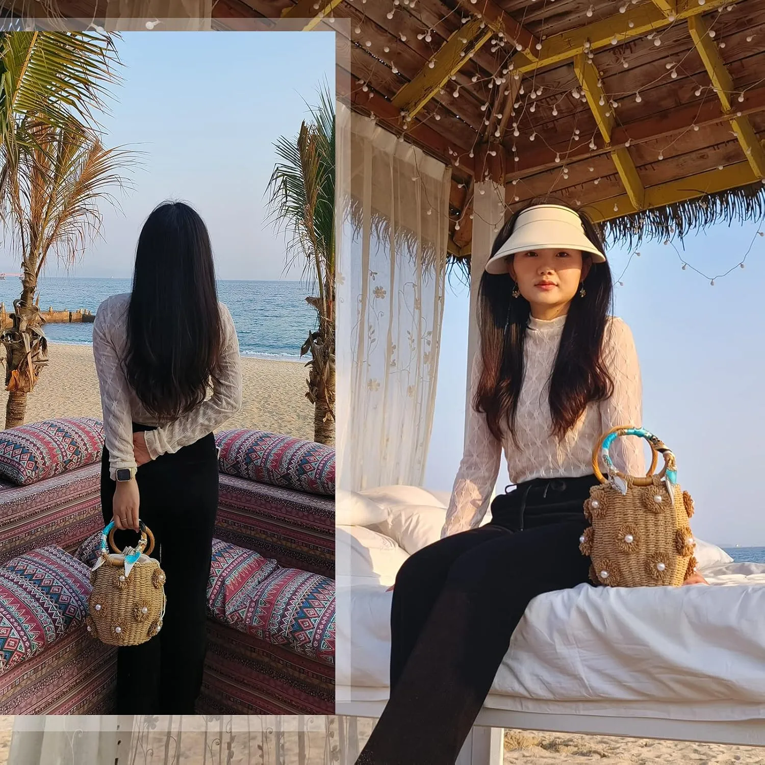 Flower Pearls Rattan Tote Bag Summer Beach Drawstring Straw Bucket Bag Diamonds Woven Handbag