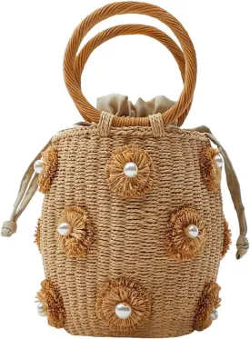 Flower Pearls Rattan Tote Bag Summer Beach Drawstring Straw Bucket Bag Diamonds Woven Handbag Flower Pearls Rattan Tote Bag Summer Beach Drawstring Straw Bucket Bag Diamonds Woven Handbag