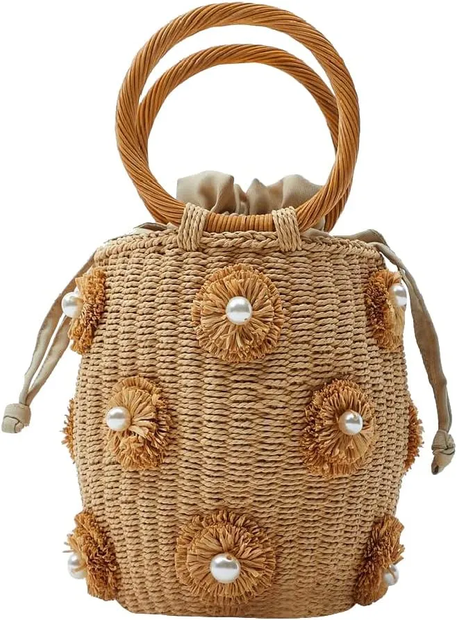 Flower Pearls Rattan Tote Bag Summer Beach Drawstring Straw Bucket Bag Diamonds Woven Handbag