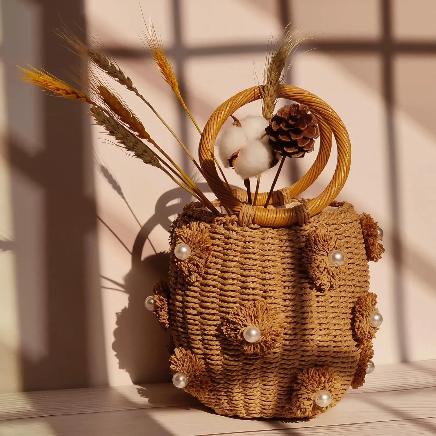 Flower Pearls Rattan Tote Bag Summer Beach Drawstring Straw Bucket Bag Diamonds Woven Handbag