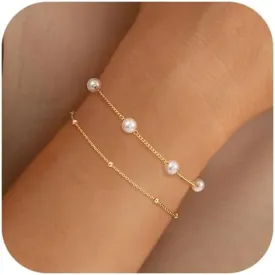 Gold Pearl Bracelets for Women,14K Gold Plated Bracelets Dainty Pearls Beaded Link Chain Charm Bracelets Set Layered Non Tarnish Tiny Jewelry for Women