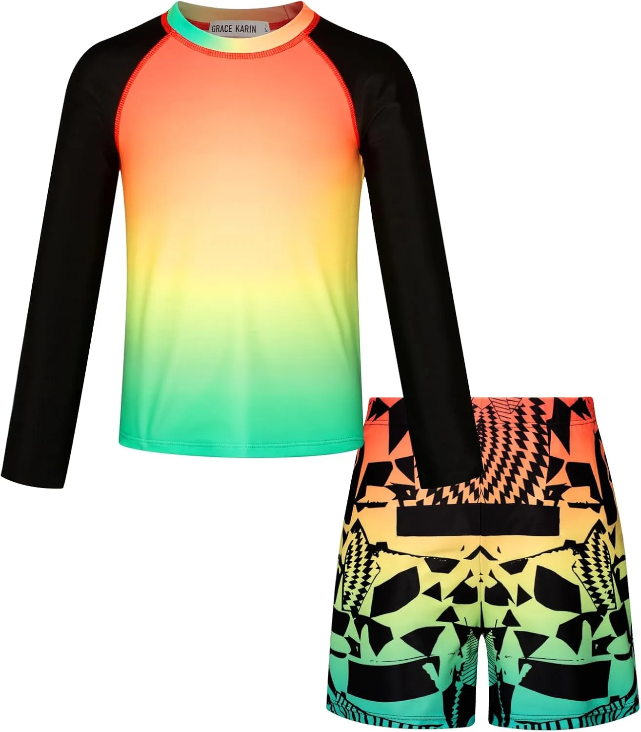 GRACE KARIN Boy Kids Two Piece Swimsuits Long Sleeve Rash Guard Swimwear Cute Bathing Suit Sets 5-12Y