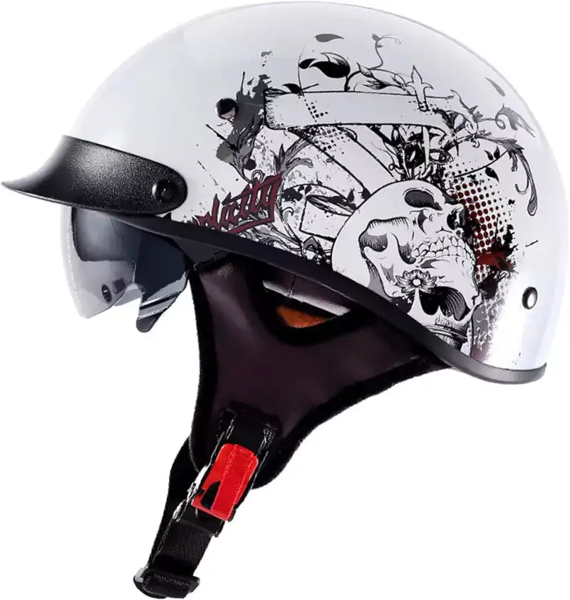 Half Helmet Motorcycle Helmet with Visor Built-in Sunglasses ECE Approved Vintage Open Face Helmet Cap TKMW-014-2
