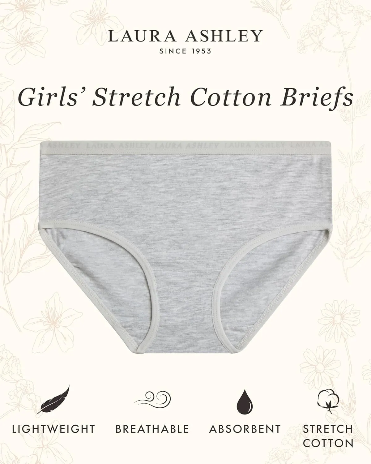 Laura Ashley Girls Underwear - 5 Pack Soft Stretch Breathable Panties for Girls - Lightweight Cotton Panties (Size: 4-12)