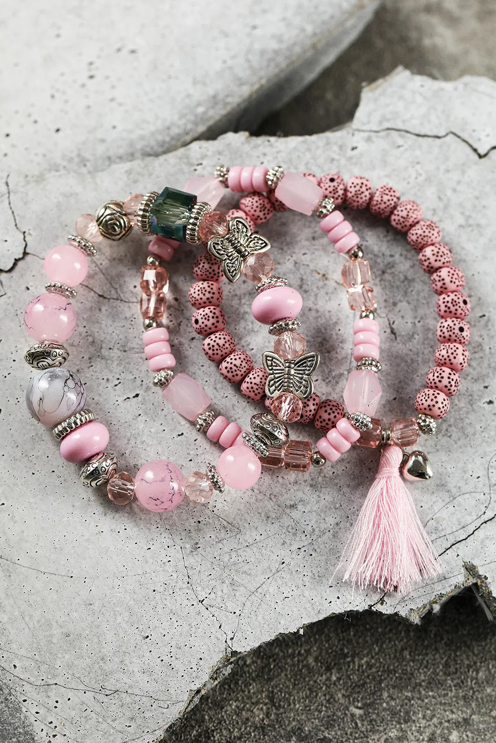 Light Pink Butterfly Beaded Tassel Multi-layered Bracelet
