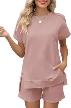 LOMON Womens Fashion 2 Piece Outfits Sweatsuits 2025 Summer Short Sleeve Loungewear Tracksuit Round Neck Lounge Shorts Sets