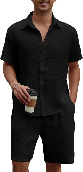 Men's 2 Piece Outfits Short Sleeve Button Down Shirts and Drawstring Shorts Summer Beach Hawaiian Sets