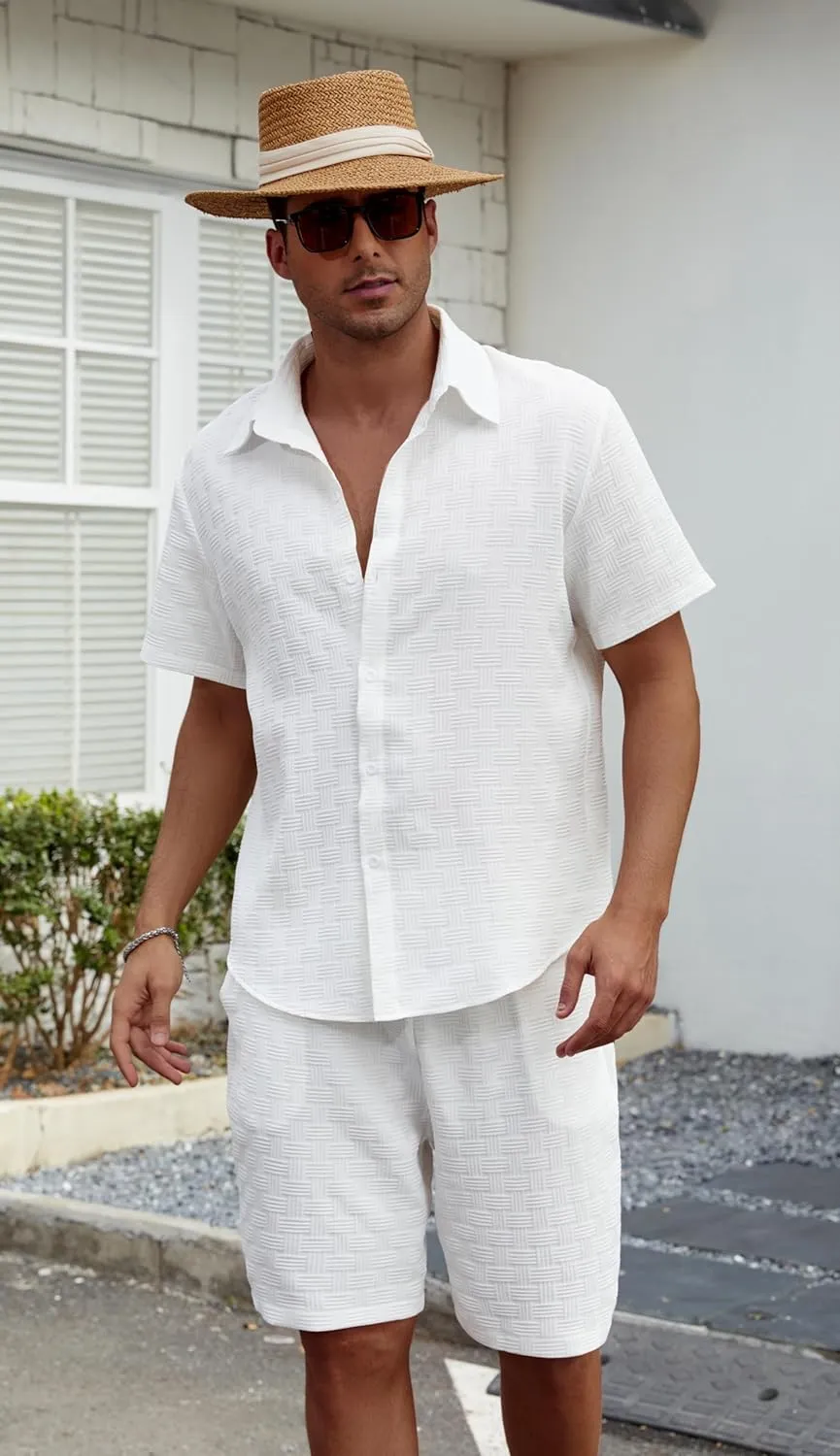 Men's 2 Piece Outfits Short Sleeve Button Down Shirts and Drawstring Shorts Summer Beach Hawaiian Sets