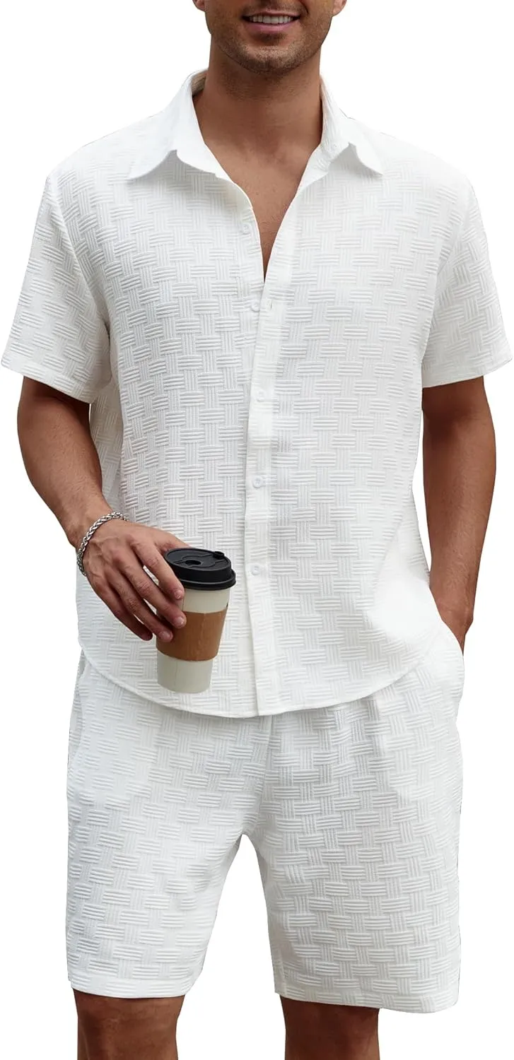 Men's 2 Piece Outfits Short Sleeve Button Down Shirts and Drawstring Shorts Summer Beach Hawaiian Sets